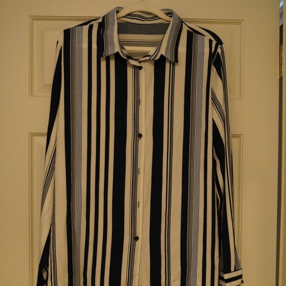 Tops - Navy & White Vertical Stripe Button Down Blouse Size 2XL Stretch Shirt
